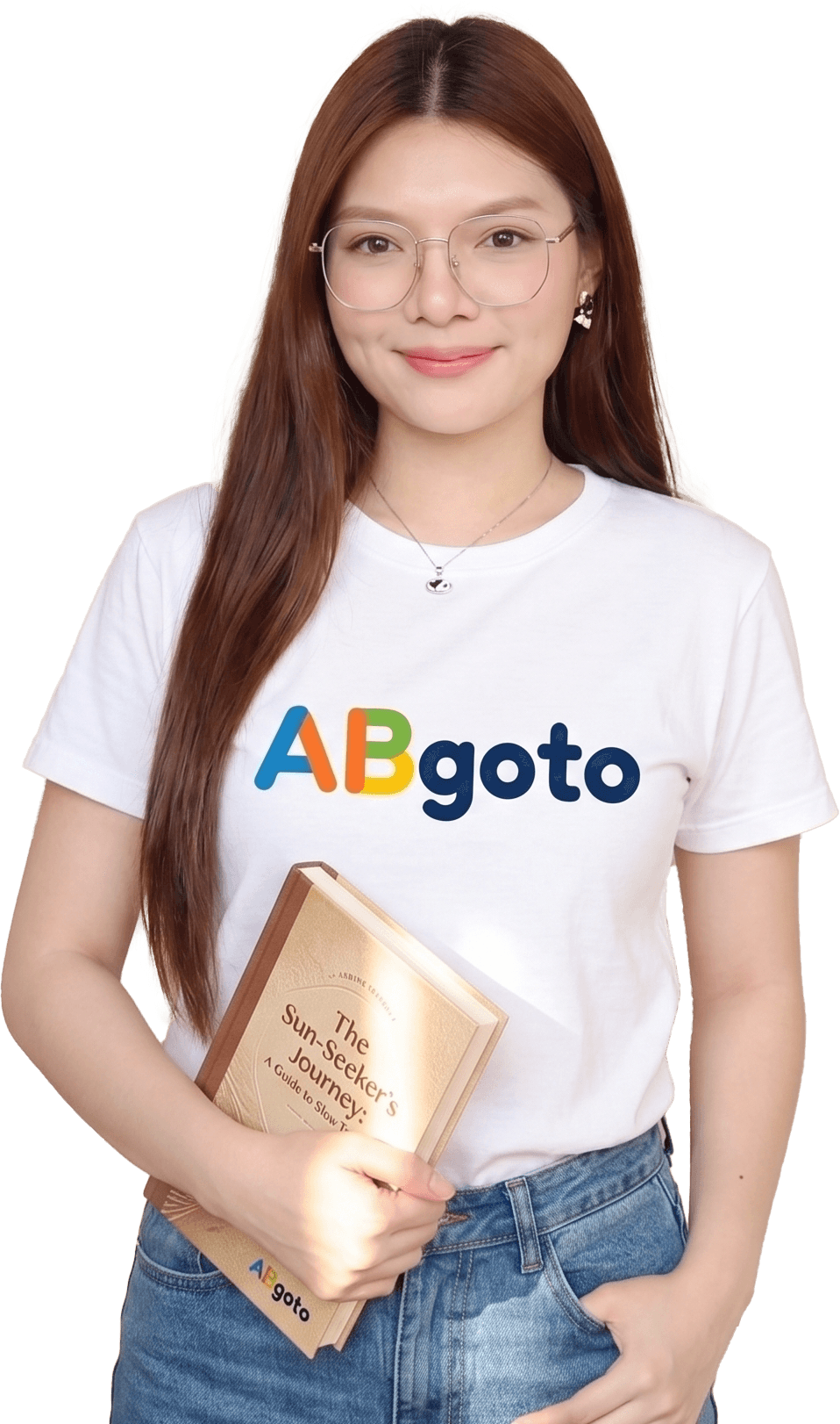 ผู้หญิงใส่เสื้อยืด ABgoto ถือหนังสือเรียนหลายเล่ม ยิ้มให้กล้อง
