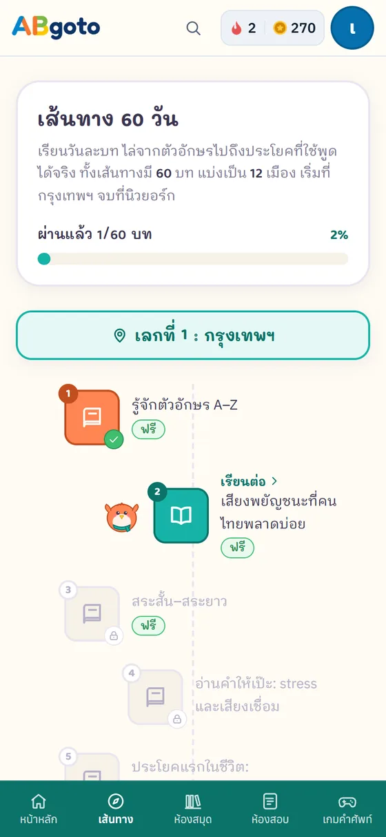 หน้าจอมือถือแสดงแผนที่เส้นทาง 60 วันของ ABgoto ผ่านแล้ว 1 จาก 60 บท พร้อมรายชื่อบทเรียนของเมืองแรกคือกรุงเทพฯ และป้ายฟรีที่บทแรก ๆ